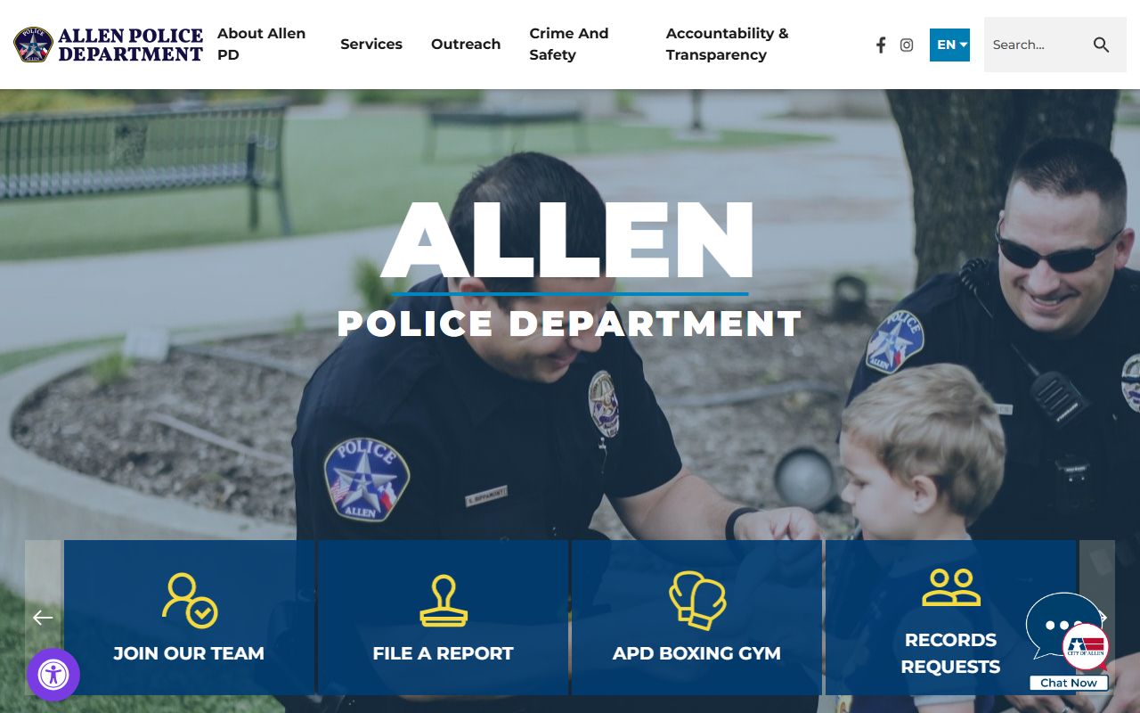 Allen Police Department website showing department information and resources for Allen recent bookings