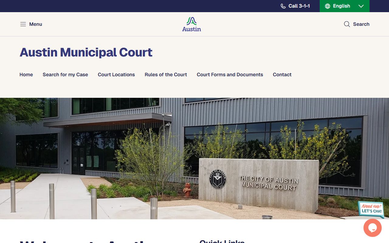 Austin Municipal Court website showing court information and case search resources