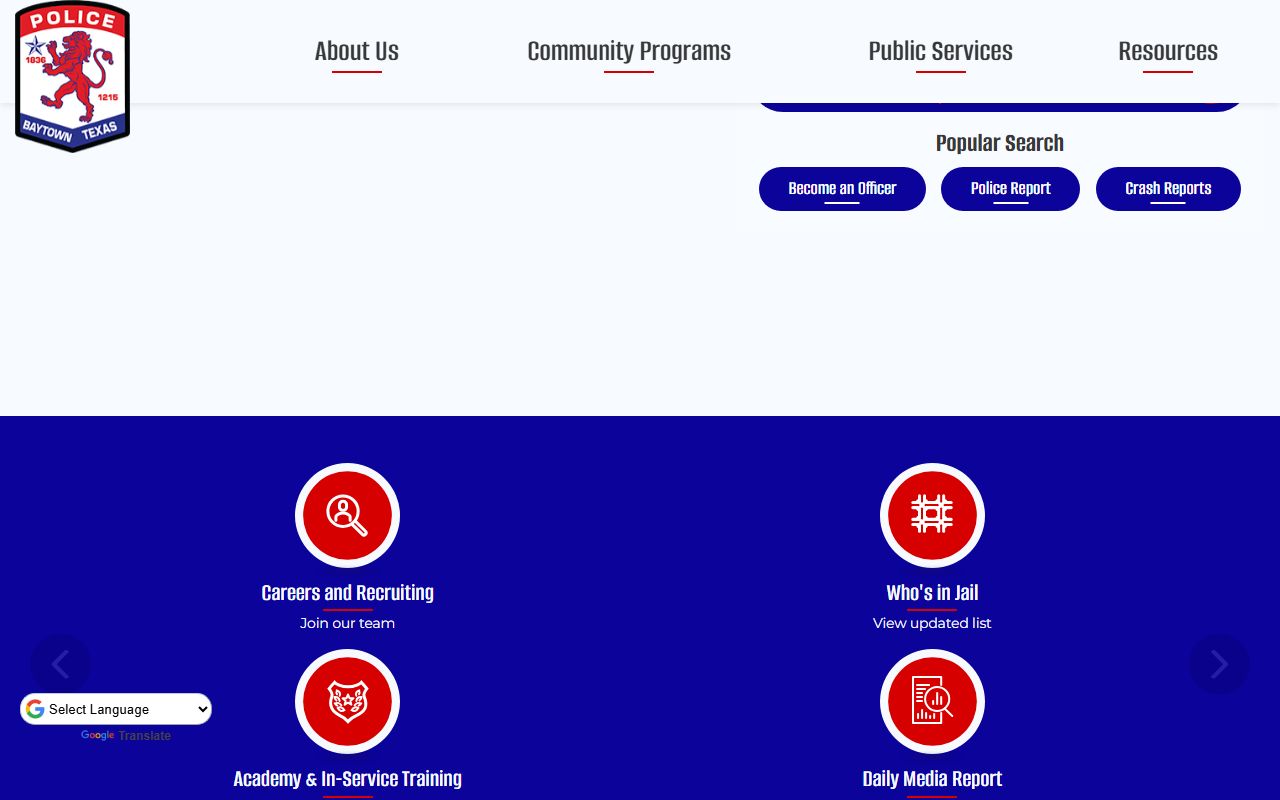 Baytown Police Department website showing resources for Baytown recent bookings and arrest records