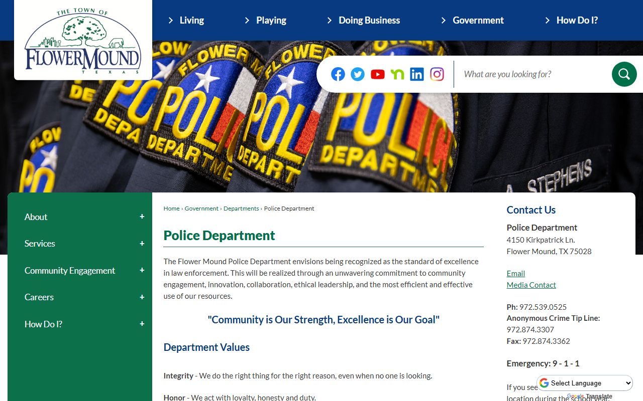 Flower Mound Police Department website showing resources for Flower Mound recent bookings and arrest records