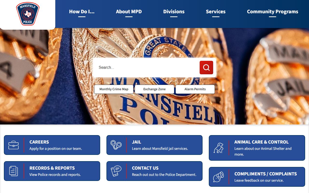 Mansfield Police Department website showing resources for Mansfield recent bookings and arrest records