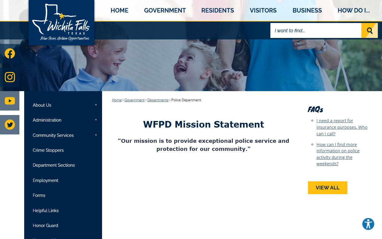 Wichita Falls Police Department website showing department information and resources for Wichita Falls recent bookings