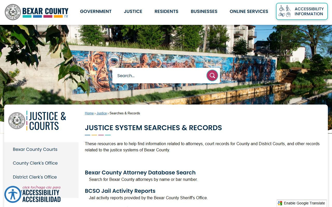 Bexar County District Clerk Searches and Records page for looking up court cases