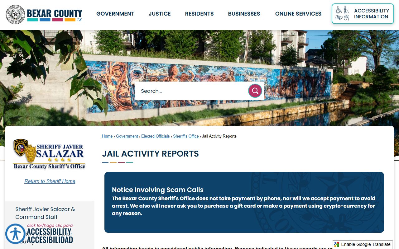 Bexar County Sheriff's Office Jail Activity Reports page showing recent booking data
