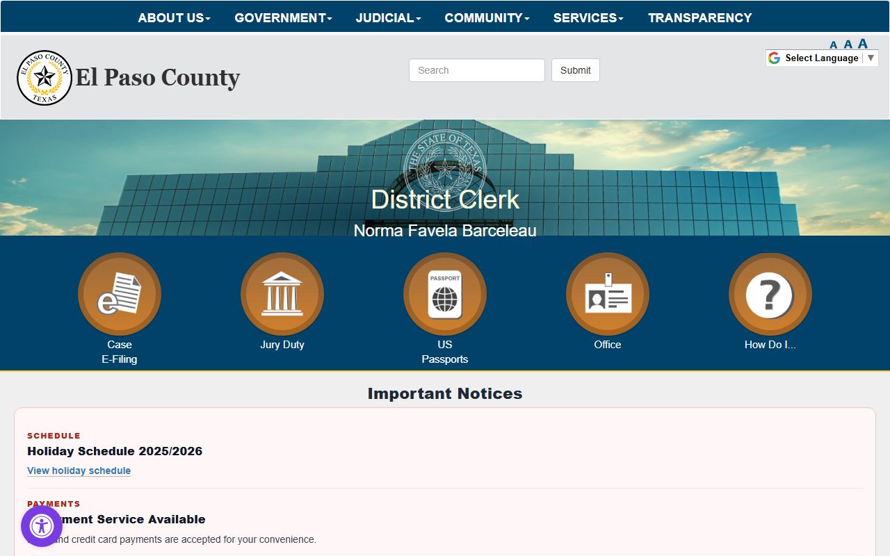El Paso County District Clerk website showing case search and court record resources