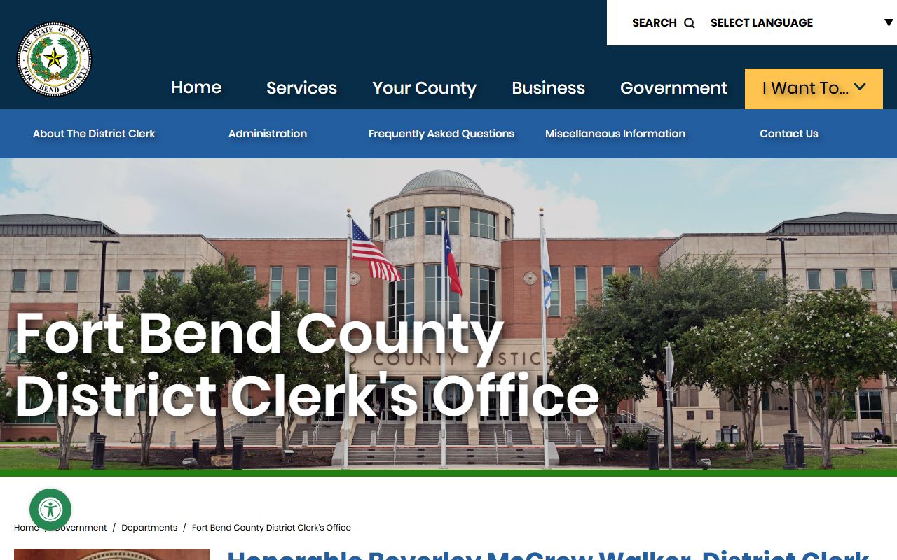 Fort Bend County District Clerk website showing resources for Missouri City recent bookings and court records