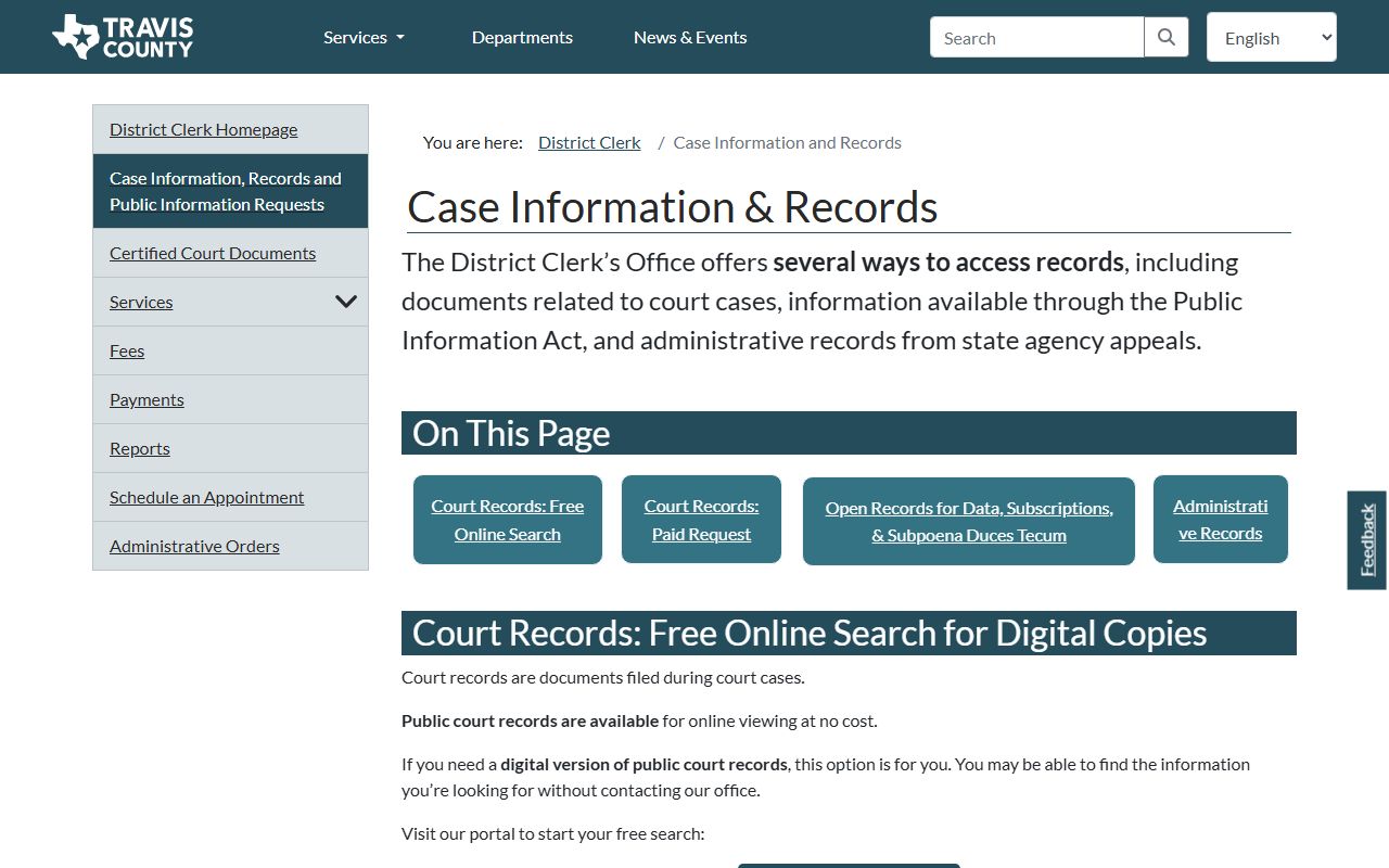 Travis County District Clerk case search portal for looking up recent bookings and criminal records