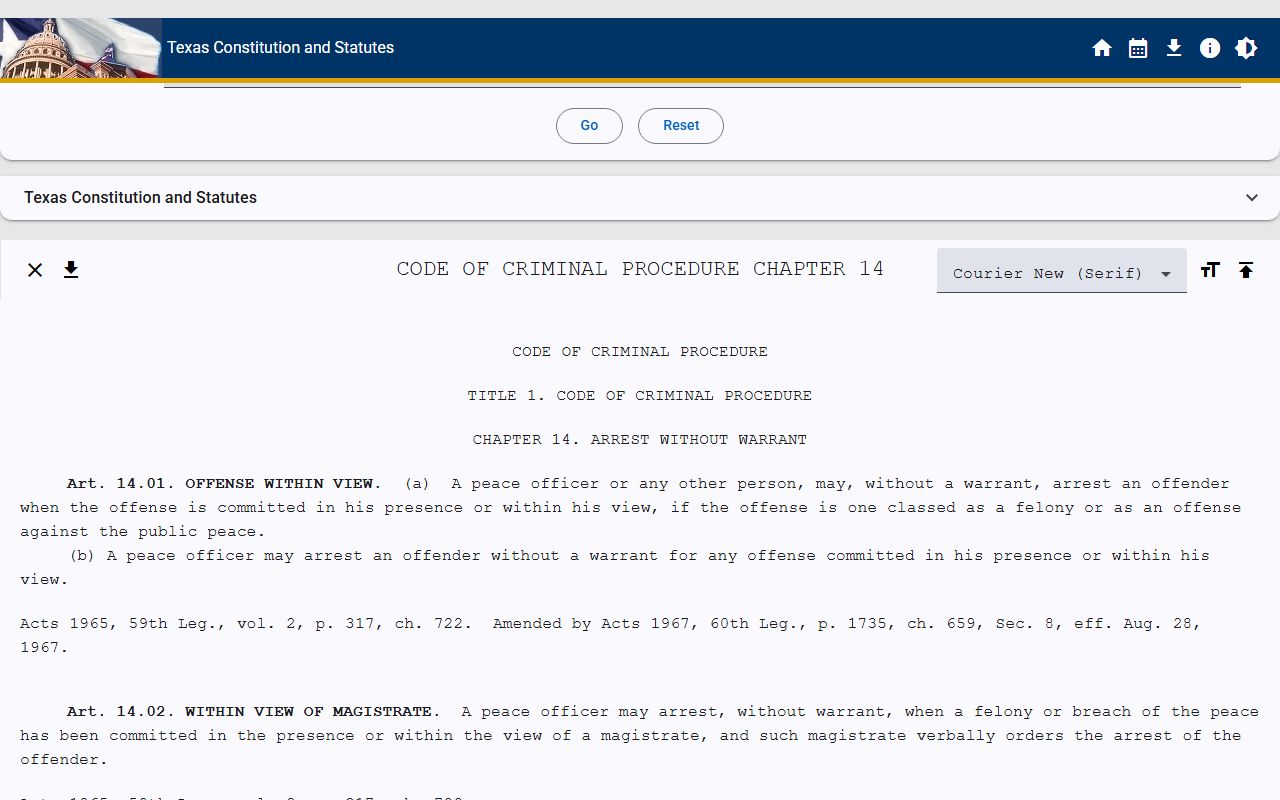 Texas Code of Criminal Procedure arrest procedures for recent bookings