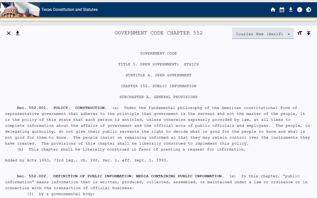 Texas Government Code Chapter 552 public information act for recent bookings